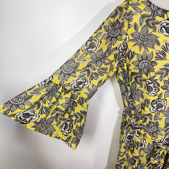 Prelude Women A line Dress 12 Belted Tie Waist Floral Yellow Bell Sleeve Chiffon - Picture 6 of 11